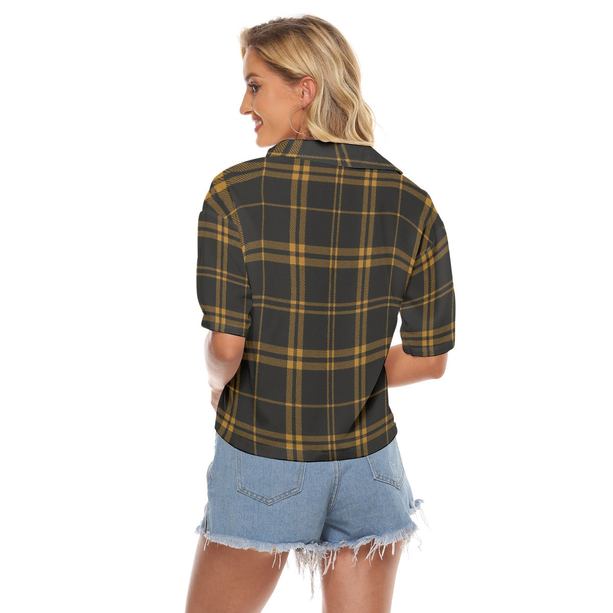 Urban Legend Iowa Hawkeyes Tartan Plaid Women's V-Neck Shirt – Black and Gold College Streetwear wit