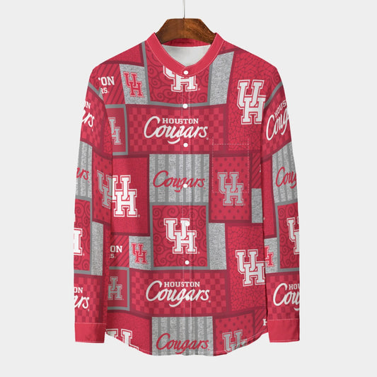 Houston Cougars Stand Collar Shirt With Long Sleeve|110GSM Imitation Flax