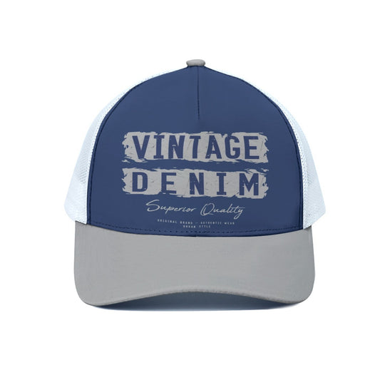 Blue and gray cap with 'Vintage Denim' text on a white background