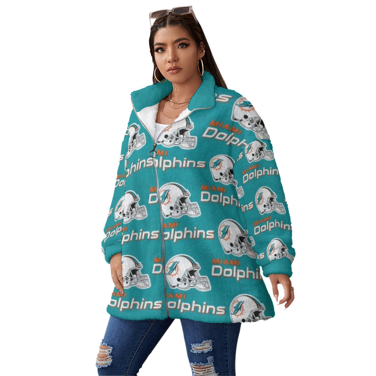 Miami Football Game Day All-Over Print Unisex Borg Fleece Stand-up Collar Coat With Zipper Closure(Plus Size)