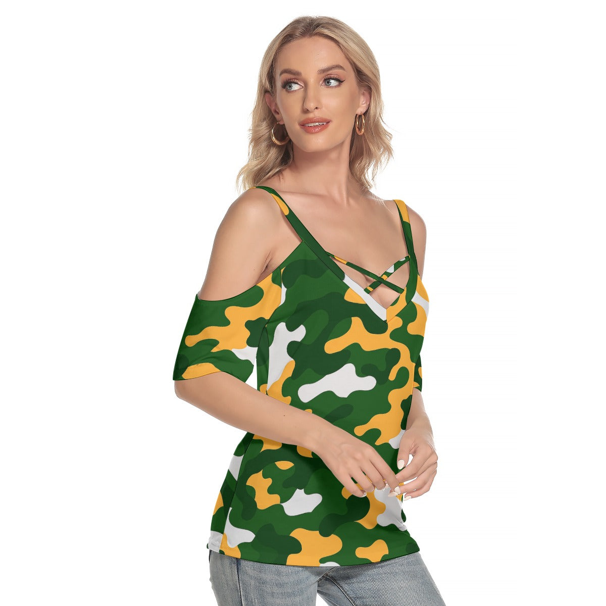 Green Bay Football Game Day All-Over Print Women's Cold Shoulder T-shirt With Criss Cross Strips