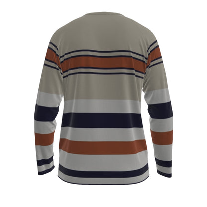 Beige, Navy and Rust Striped Long Sleeve Shirt – Retro Casual Chic