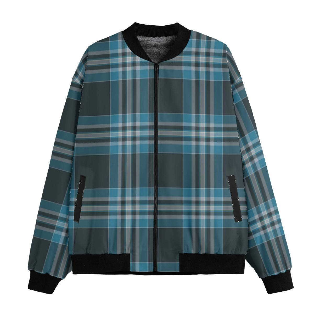 Maclellan Ancient – gray and light blue softer tartan Fleece Bomber Jacket