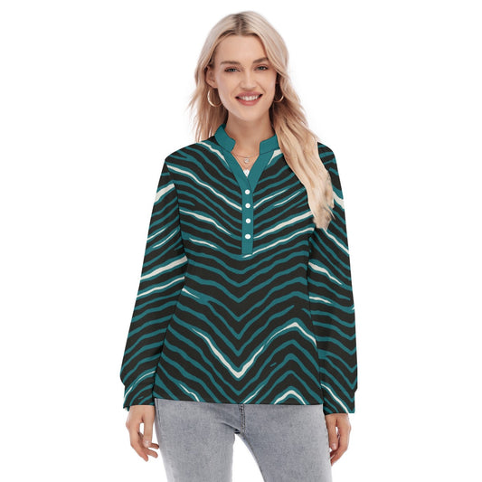 Philadelphia Football Game Day All-Over Print Women's Long Sleeve Blouse With Button Closure