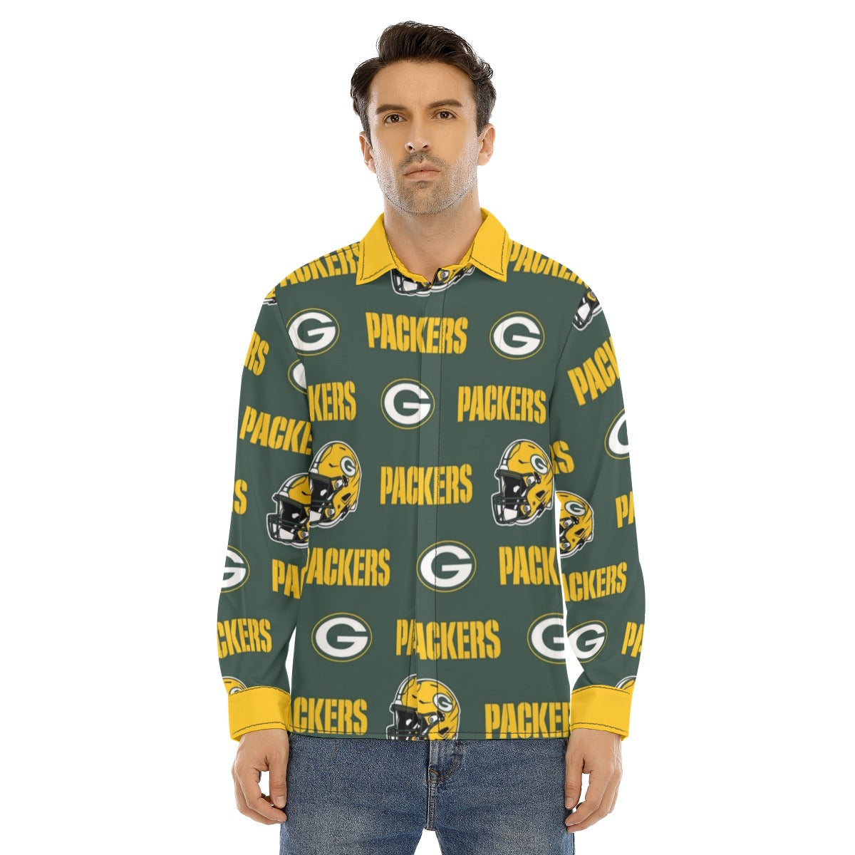 Green Bay Football Game Day All-Over Print Men's Lapel Collar Shirt With Concealed Placket