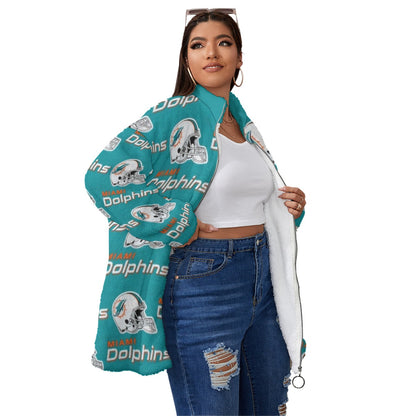 Miami Football Game Day All-Over Print Unisex Borg Fleece Stand-up Collar Coat With Zipper Closure(Plus Size)