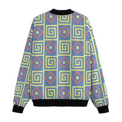 BoomBox Vibes Geometric Blue Seamless Fleece Bomber Jacket – Bold Streetwear Design