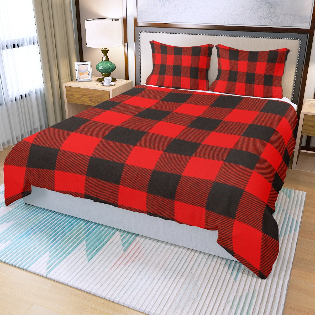 Rob Roy Big Red and Black Tartan Three Piece Duvet Cover Set | Widened Edition