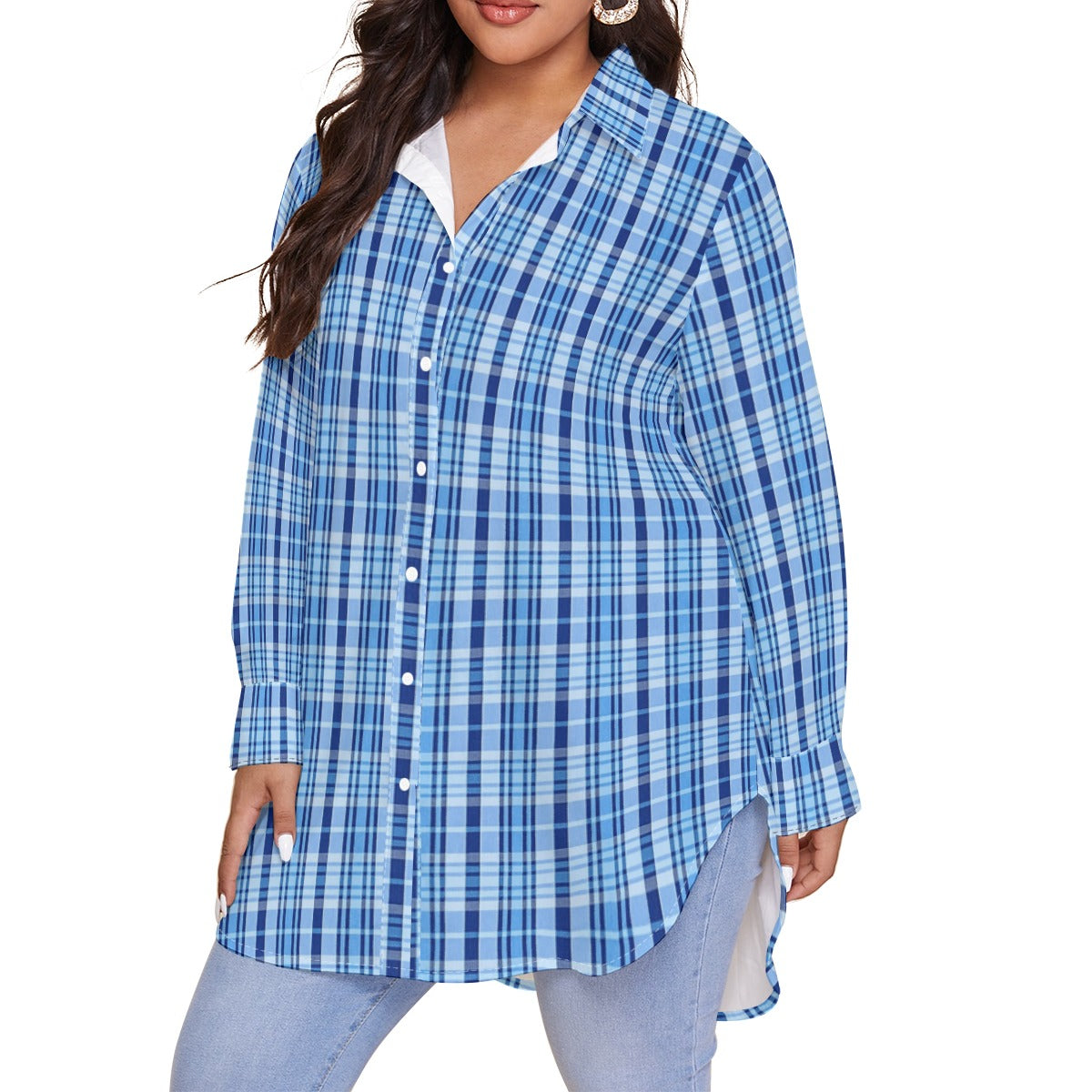 North Carolina Tartan Plaid Tar Heels Blue Women's Shirt With Long Sleeve(Plus Size)
