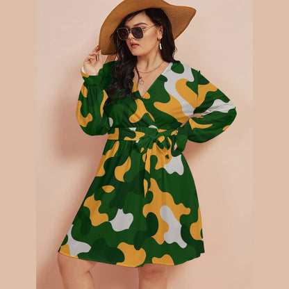Green Bay Football Game Day All-Over Print Women's V-neck Dress With Waistband(Plus Size)