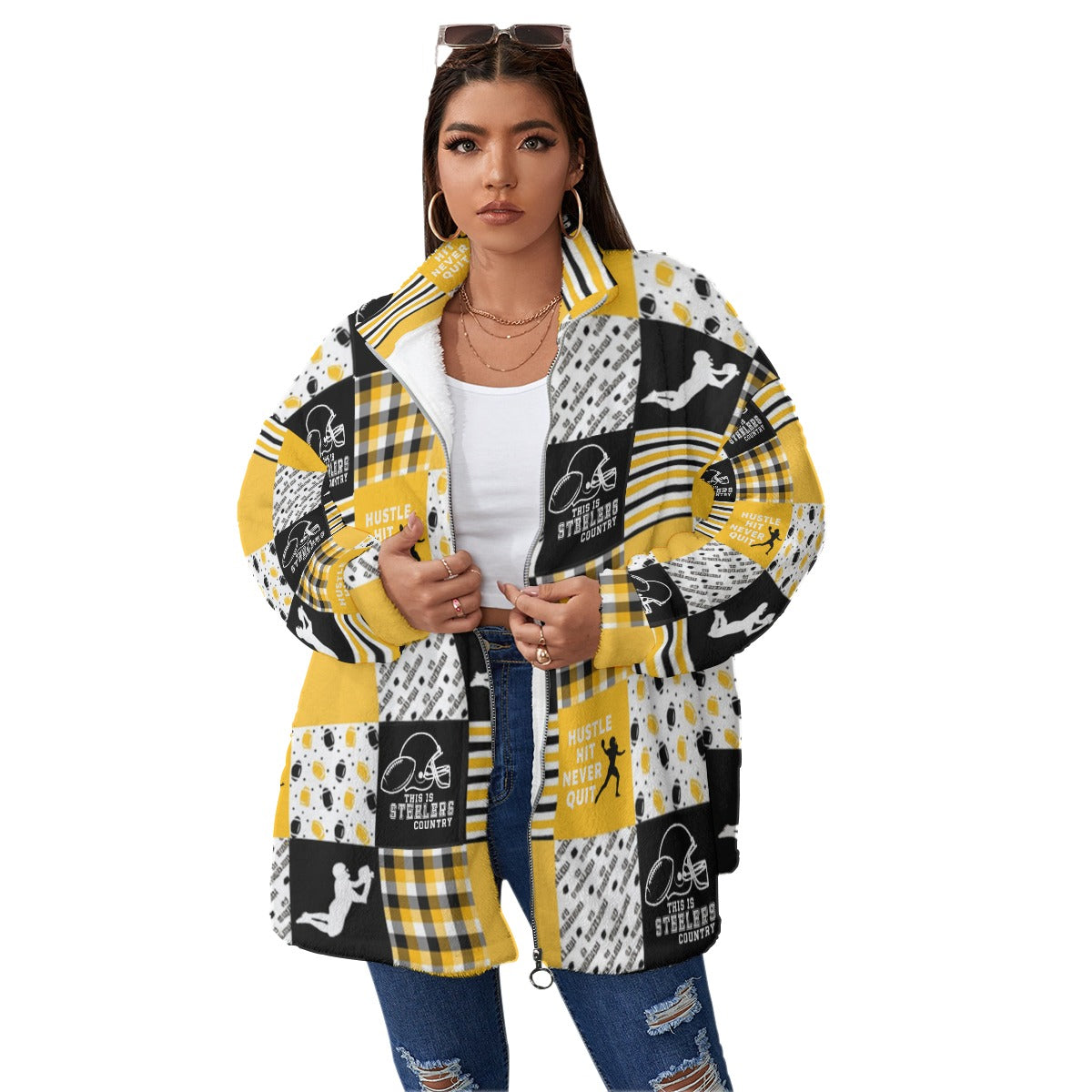 All-Over Print Unisex Borg Fleece Stand-up Collar Coat With Zipper Closure(Plus Size)