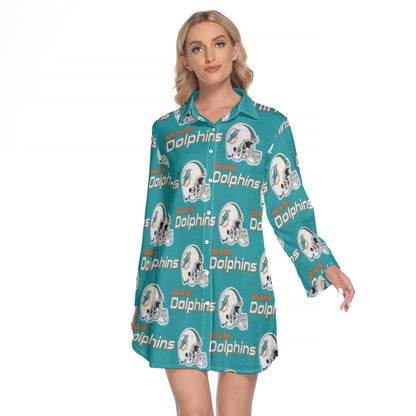 Miami Football Game Day All-Over Print Women's Lapel Shirt Dress With Long Sleeve