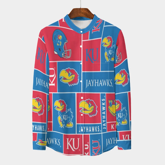 Kansas - Jayhawks Stand Collar Shirt With Long Sleeve|110GSM Imitation Flax