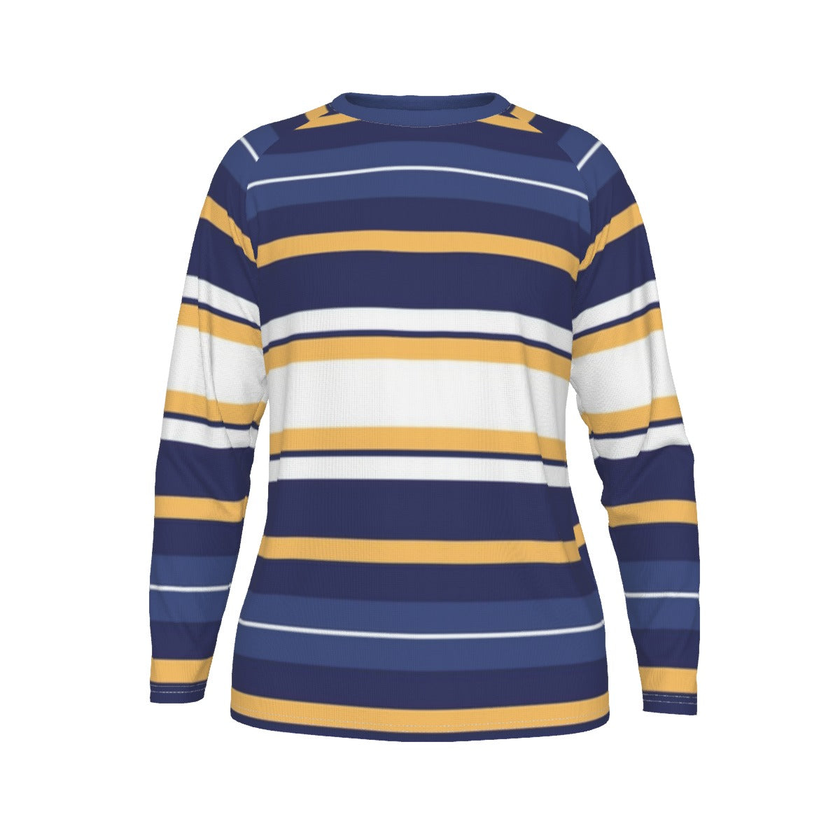 Long-sleeve shirt with blue, yellow, and white stripes on a white background