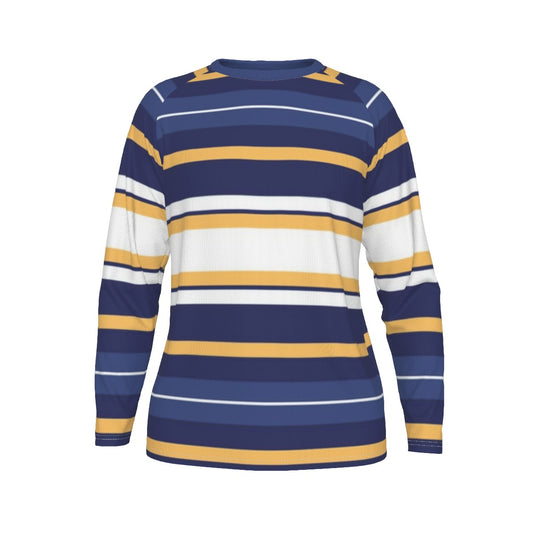 Long-sleeve shirt with blue, yellow, and white stripes on a white background