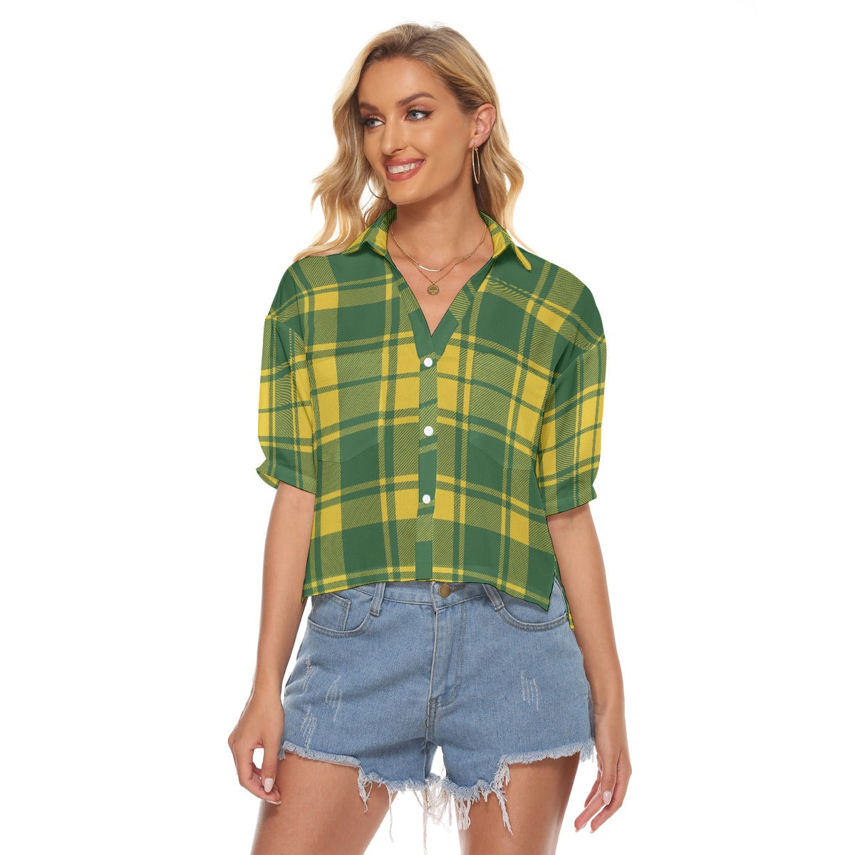 Urban Legend Oregon Ducks Tartan Plaid Women's V-Neck Shirt – Green and Yellow College Streetwear wi