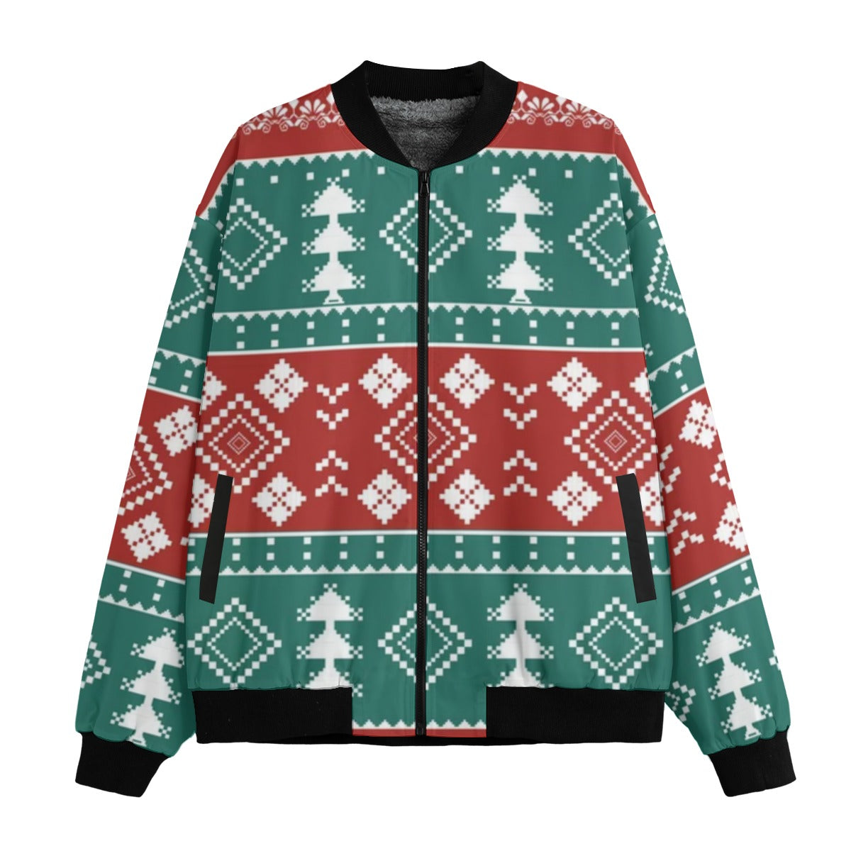 Urban Legend Snow Inspired Pattern Christmas Festive Fleece green red Bomber Jacket