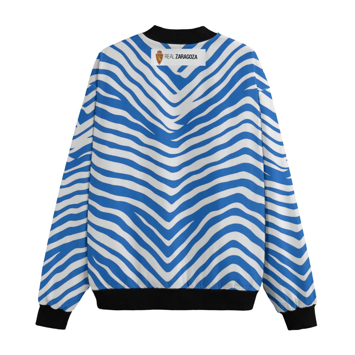 Blue and white striped sweater with a logo on a white background