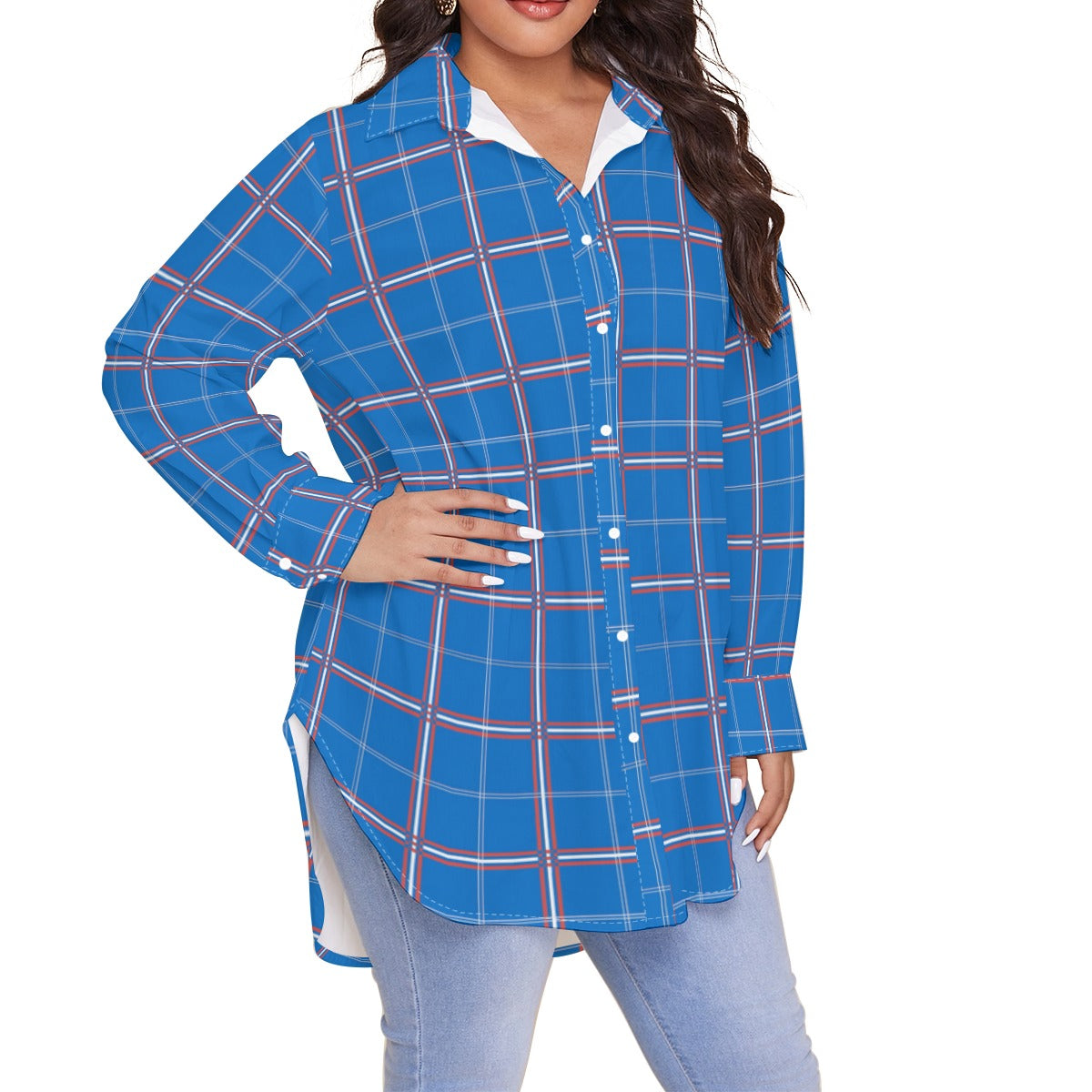 Kansas Tartan Plaid Jayhawks Women's Shirt With Long Sleeve(Plus Size)