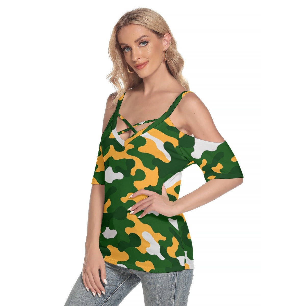 Green Bay Football Game Day All-Over Print Women's Cold Shoulder T-shirt With Criss Cross Strips
