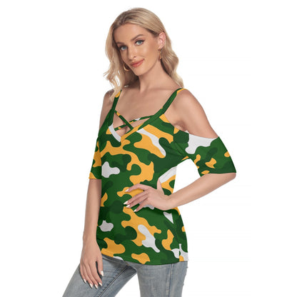 Green Bay Football Game Day All-Over Print Women's Cold Shoulder T-shirt With Criss Cross Strips