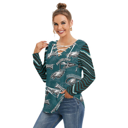 Philadelphia Football Game Day All-Over Print Women's Long Sleeve Neckline Tie Sweatshirt