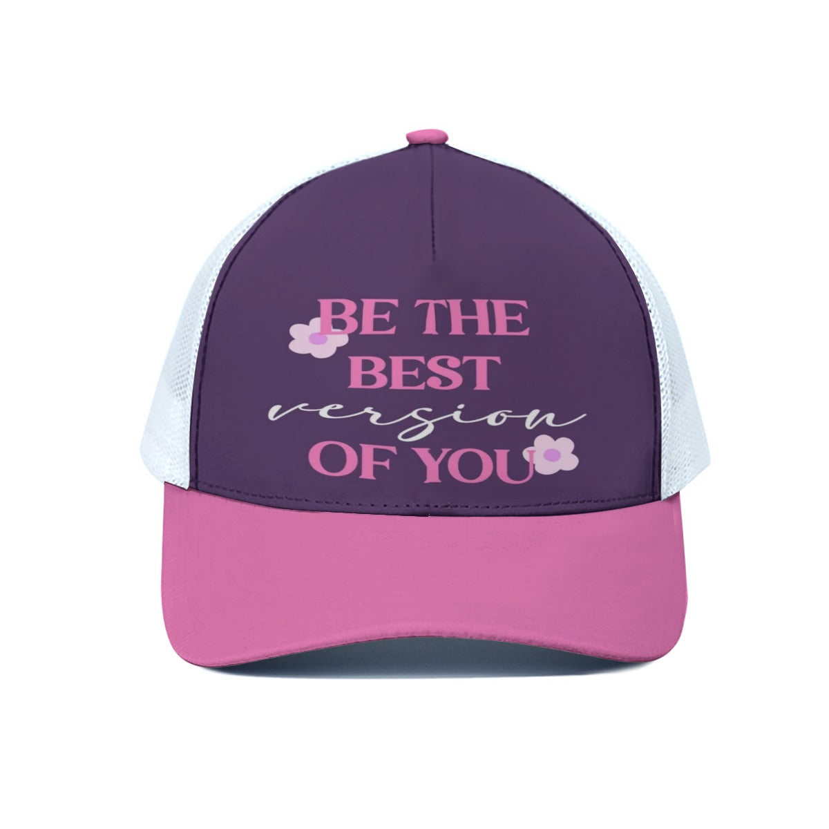 Purple and pink cap with motivational quote on a white background