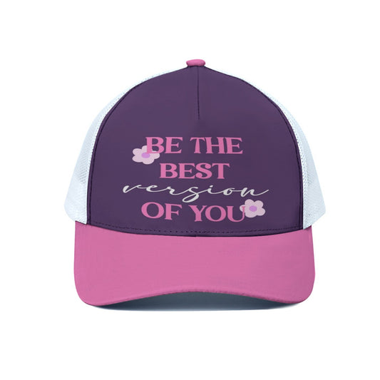 Purple and pink cap with motivational quote on a white background