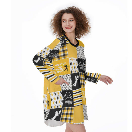 All-Over Print Women's Casual Loose Long Sleeve Dress With Pocket