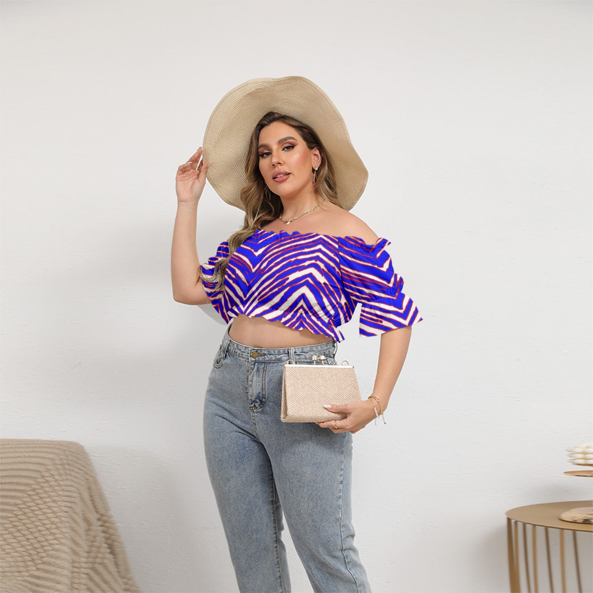 Buffalo Bills Zubaz Women's Off-shoulder Cropped Top With Short Puff Sleeve