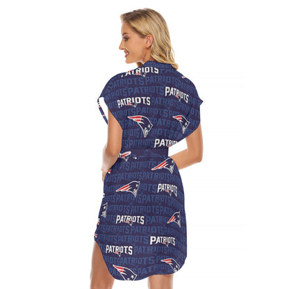 New England Football Game Day All-Over Print Women's Stand-up Collar Casual Dress With Belt