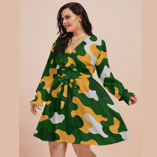Green Bay Football Game Day All-Over Print Women's V-neck Dress With Waistband(Plus Size)