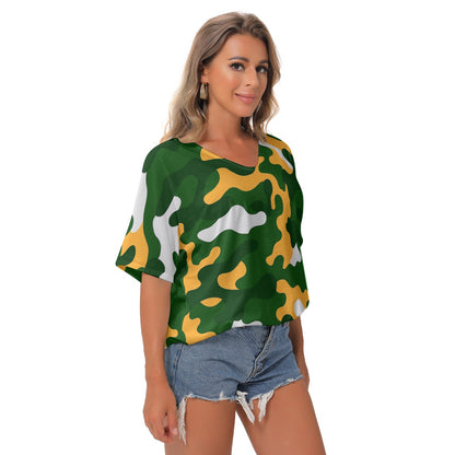 Green Bay Football Game Day All-Over Print Women's Bat Sleeves V-Neck Blouse
