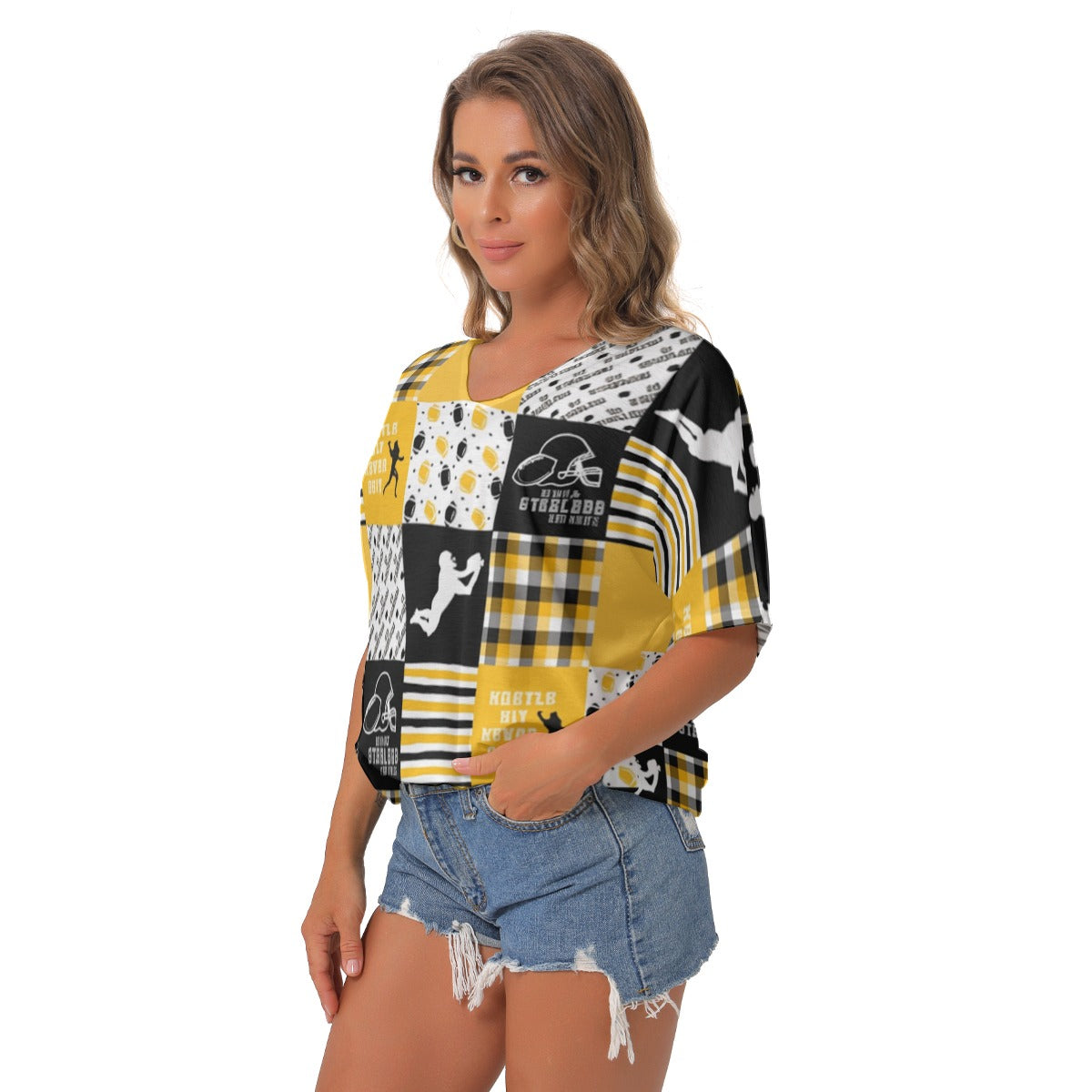 All-Over Print Women's Bat Sleeves V-Neck Blouse
