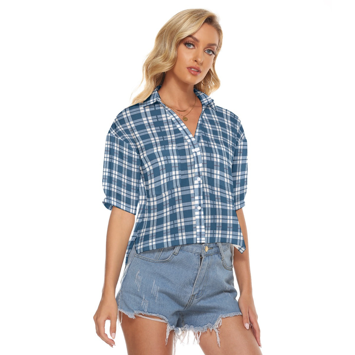Connecticut Huskies Tartan Plaid Women's V-Neck Shirt – Blue and White College Streetwear for Modern
