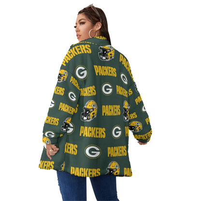 Green Bay Football Game Day All-Over Print Unisex Borg Fleece Stand-up Collar Coat With Zipper Closure(Plus Size)