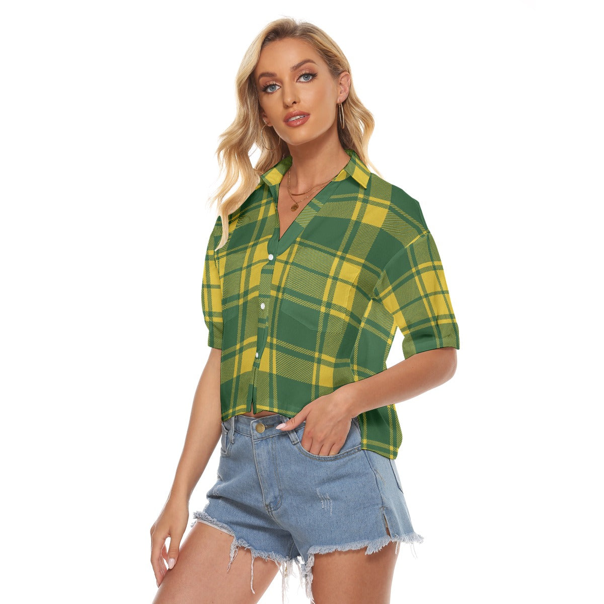 Urban Legend Oregon Ducks Tartan Plaid Women's V-Neck Shirt – Green and Yellow College Streetwear wi
