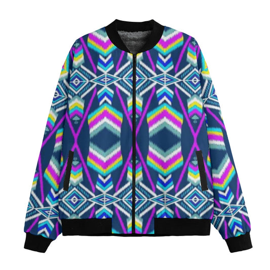 Neon Nights Vibrant Geometric Diamond Cross Fleece Bomber Jacket – Bold Streetwear Energy