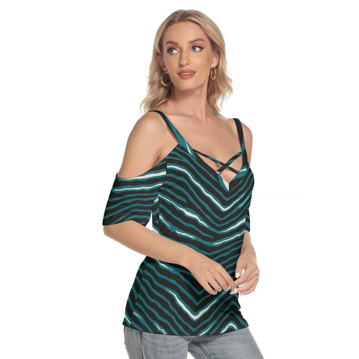 Philadelphia Football Game Day All-Over Print Women's Cold Shoulder T-shirt With Criss Cross Strips