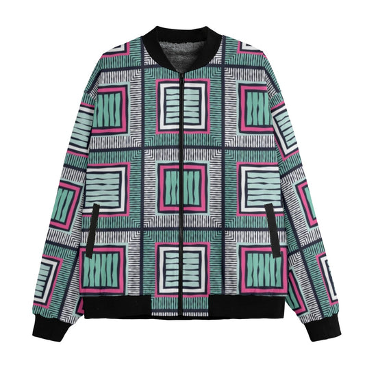 BoomBox Vibes Ethnic Boho Patchwork Fleece Bomber Jacket – Seamless Urban Streetwear