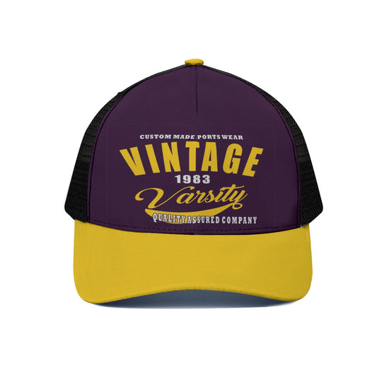 Purple and yellow cap with text on a white background