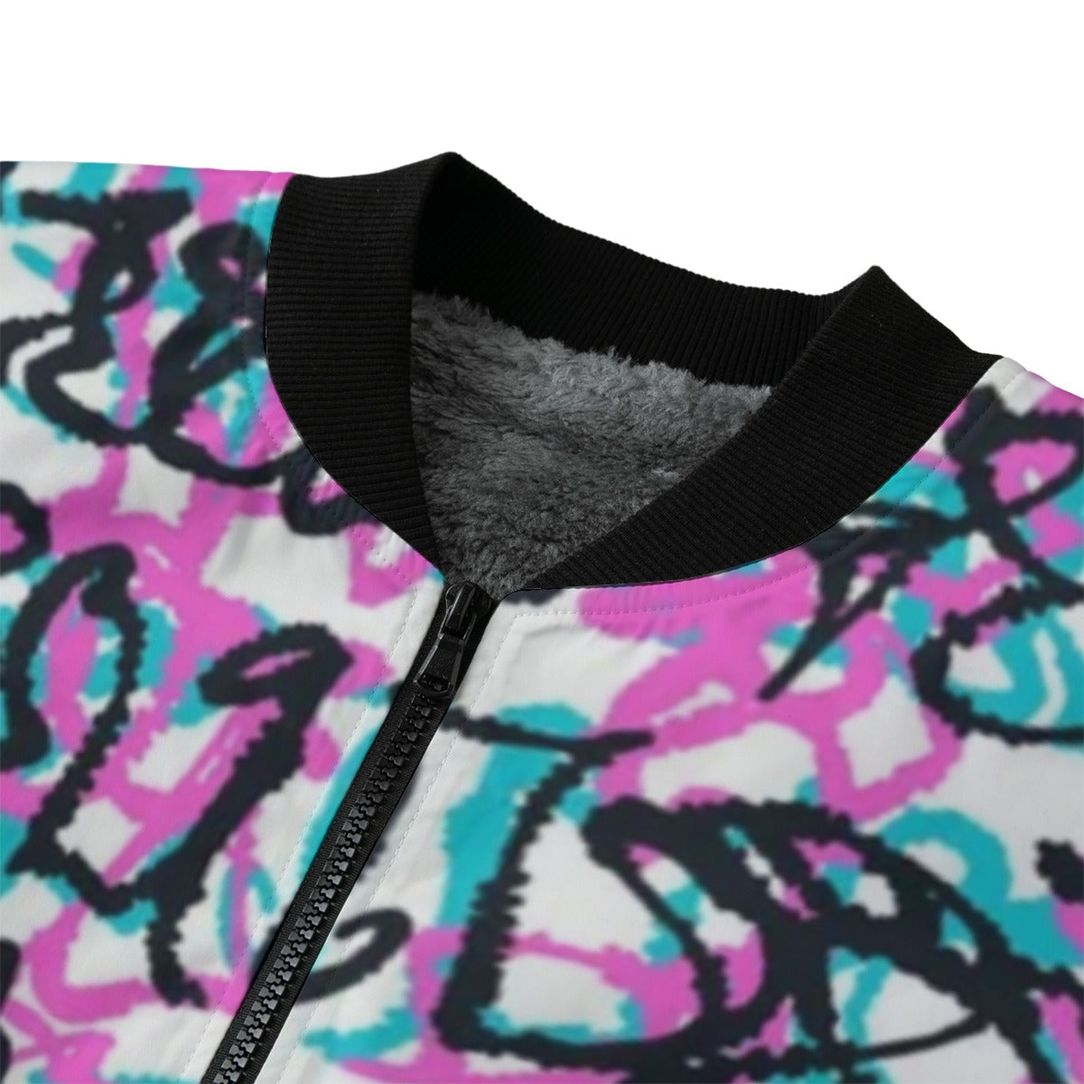 Wildstyle Graffiti Doodle Pattern Pink White Green Fleece Bomber Jacket