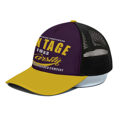 Vintage Varsity Trucker Cap – Purple and Yellow Retro Sports Style
