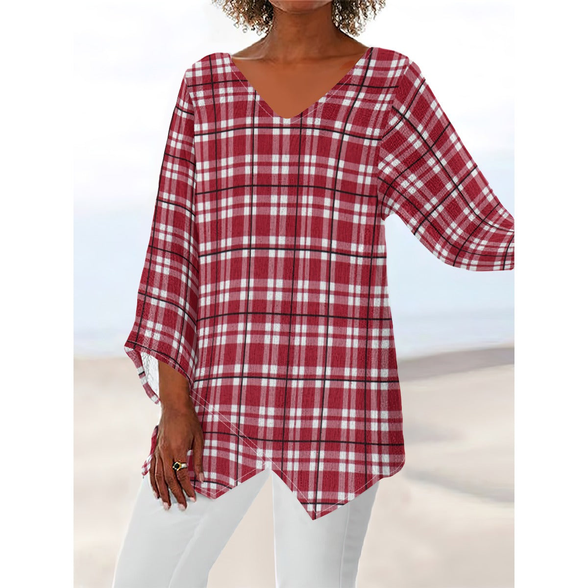 Alabama Tartan plaid Women's V-neck T-shirt With Irregular Hem