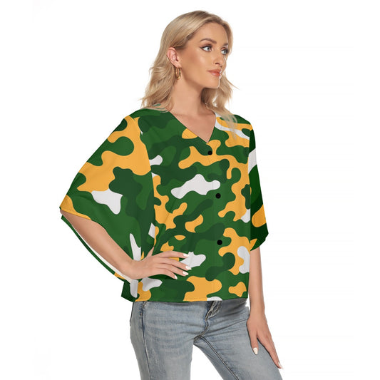 Green Bay Football Game Day All-Over Print Women's Bat Sleeve Light V-neck Front Buttoned Top