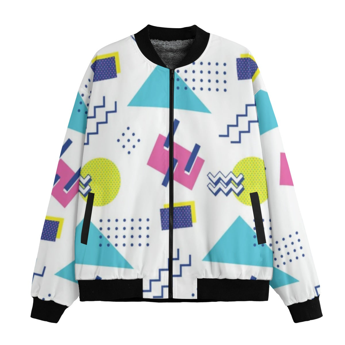 Urban Legend 90s Style – Geometric Shapes Fleece Bomber Jacket