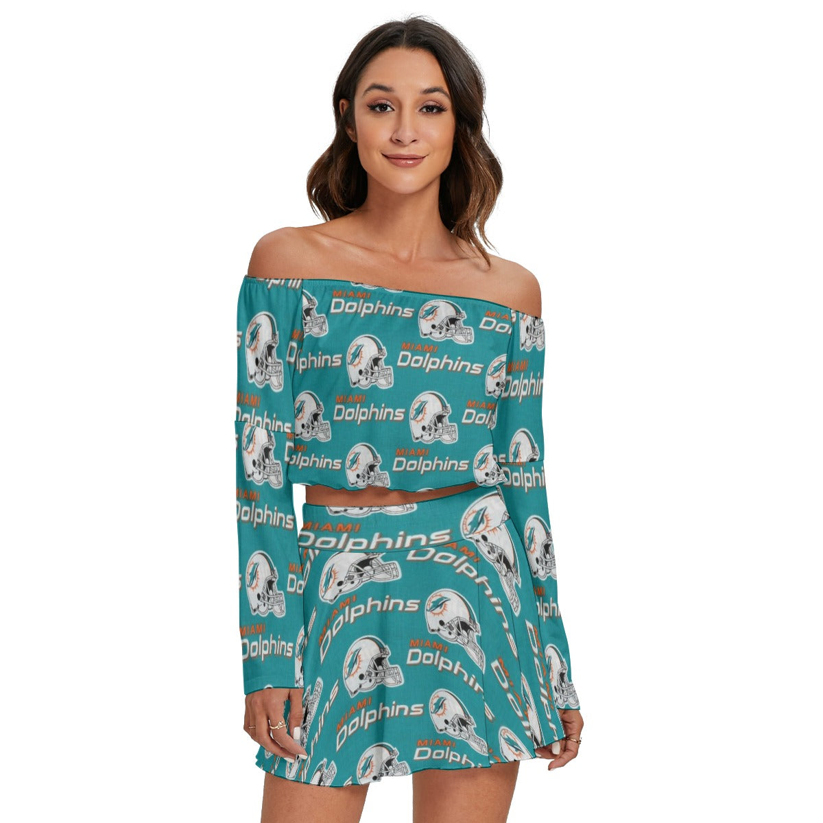 Miami Football Game Day All-Over Print Women's Off-shoulder Top And Skirt Set