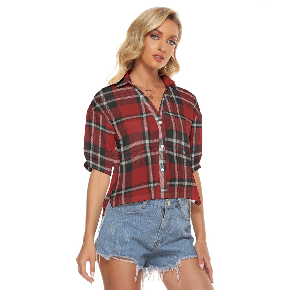 Urban Legend Wisconsin Madison Badgers Tartan Plaid Women's V-Neck Shirt – Red and White College Str