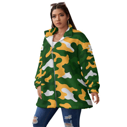 Green Bay Football Game Day All-Over Print Unisex Borg Fleece Stand-up Collar Coat With Zipper Closure(Plus Size)