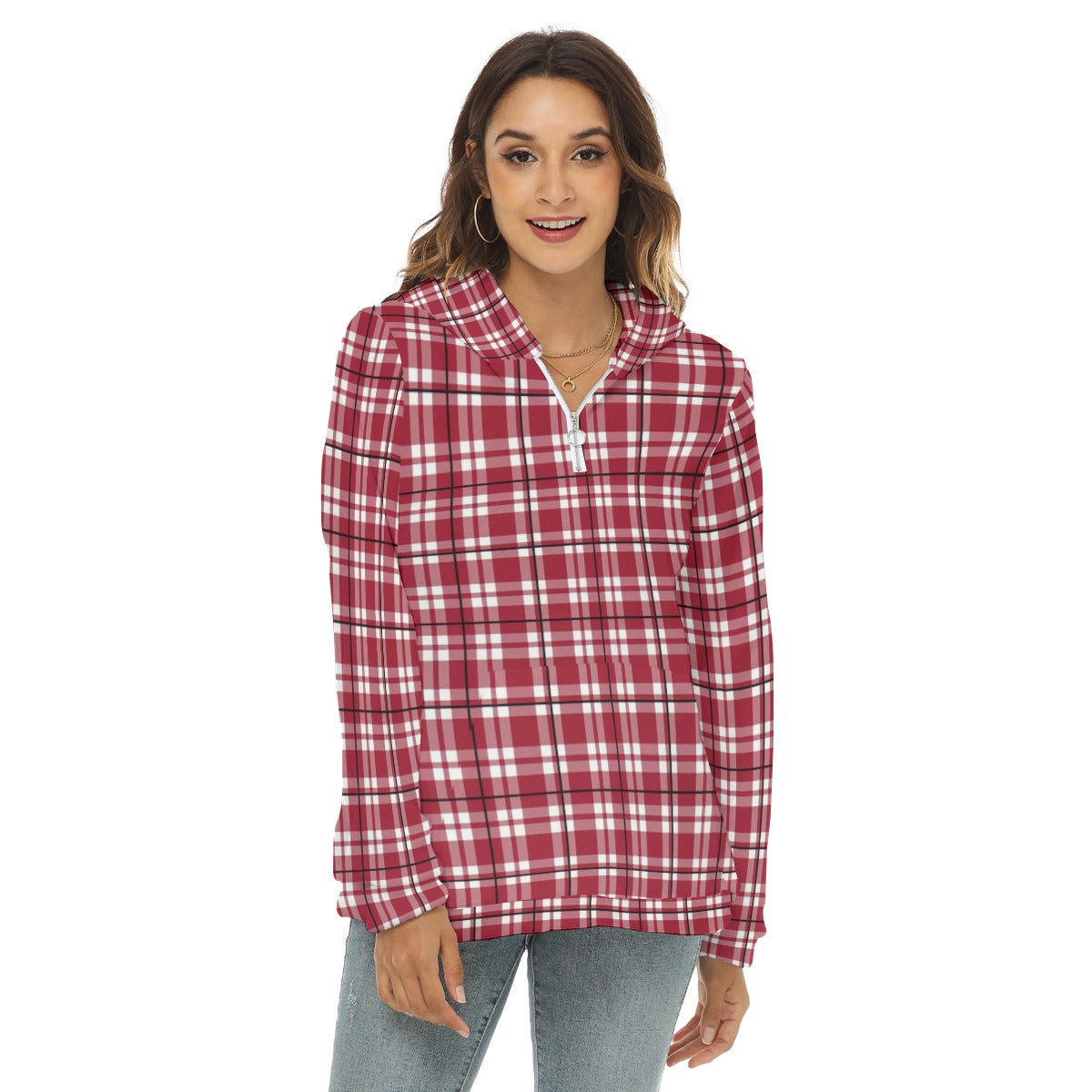 Alabama - Crimson Tide Tartan plaid Women's Borg Fleece Hoodie With Half Zip